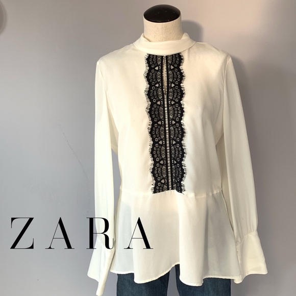 Zara Tops - ZARA📃peplum lace panel mock neck blouse Sz L
